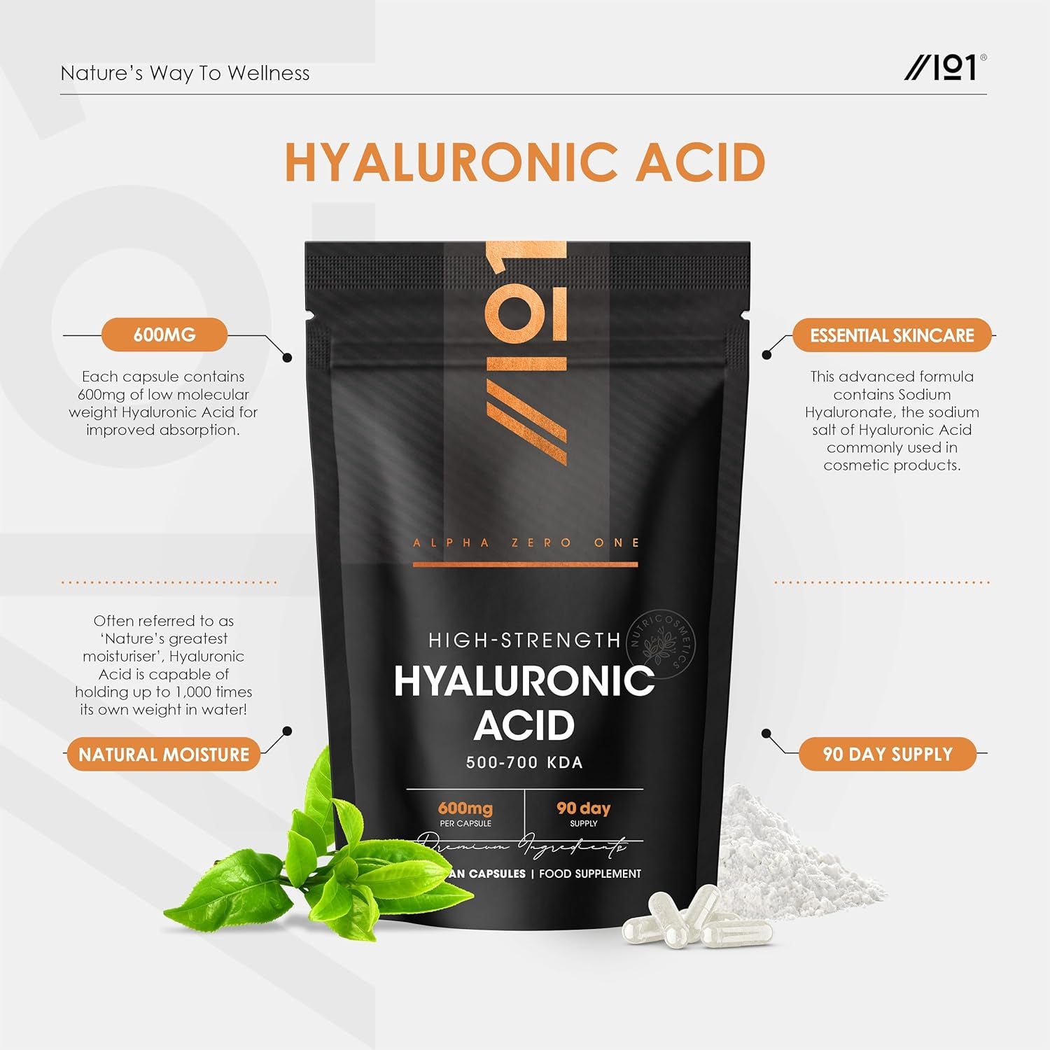 Hyaluronic Acid Supplement 600Mg (500-700 KDA) - 90 Vegan Triple Strength Hyaluronic Acid Capsules - 3 Month Supply - Natural Skin, Hair & Joint Supplement for Women & Men - Superior Absorption