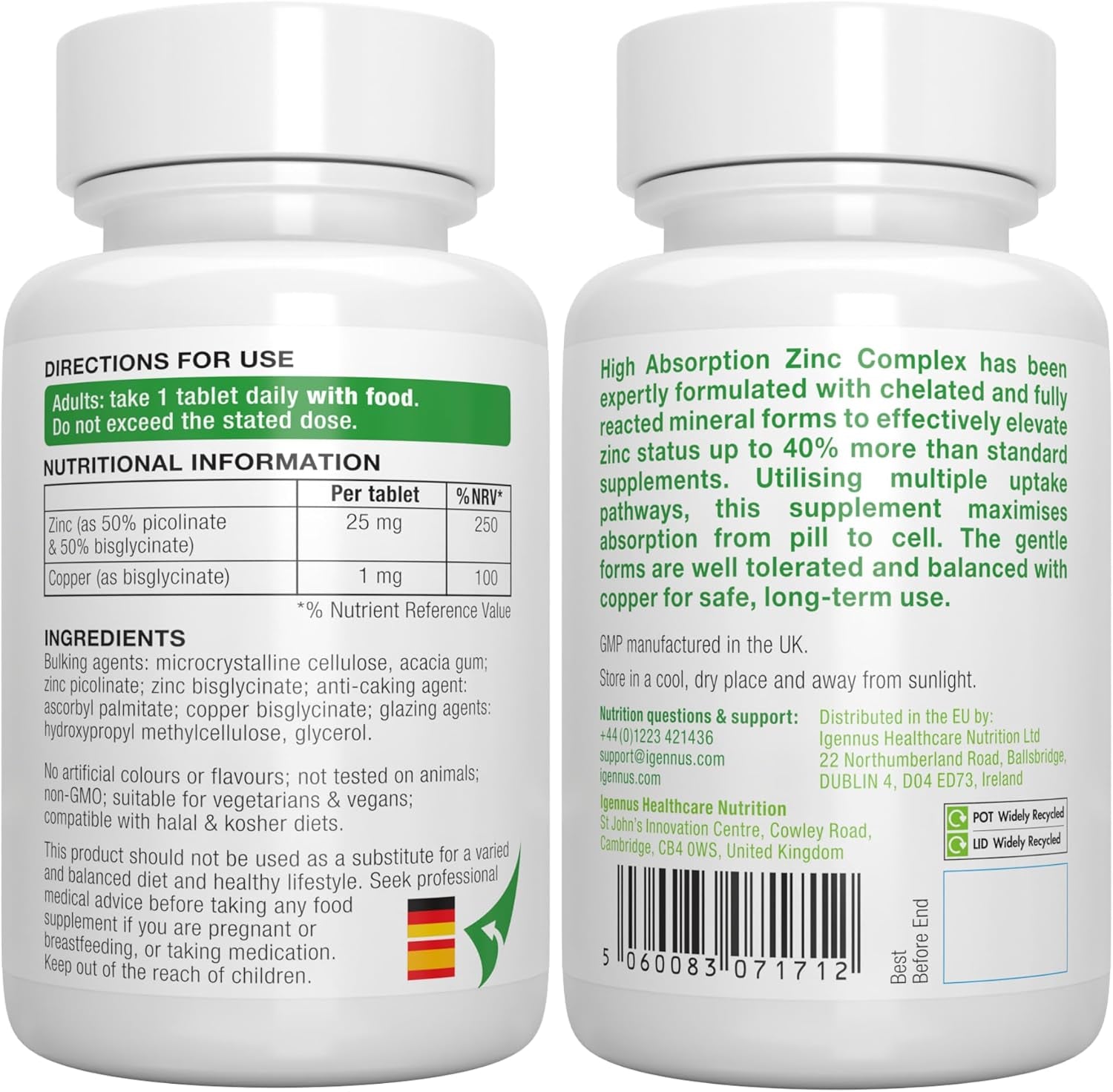 Igennus Clean Chelated Zinc Picolinate & Bisglycinate Complex 25Mg with Copper, 6 Month Supply 180 Tablets, High Absorption & Lab Verified, Non -GMO, Supplement for Men & Women, Immune Support & Skin