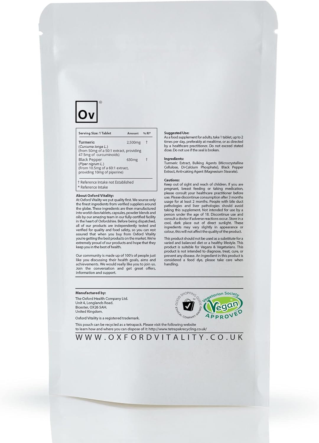 Turmeric 2,500Mg & Black Pepper 630Mg Tablets | High Strength | 95% Curcuminoids | 10Mg Piperine | for Inflammation Digestive Health & Joint Support |UK Made |Oxford Vitality