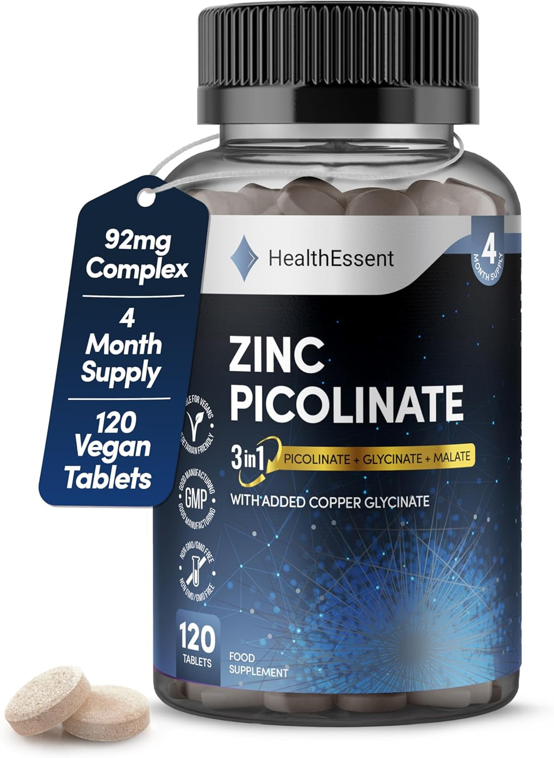 Zinc Picolinate 3-In-1, High Strength 92Mg - Zinc Picolate, Glycinate and Malate with Added Copper Glycinate - Immune Support, Hair, Skin & Nails - (4 Month Supply) - 120 Tablets by Healthessent
