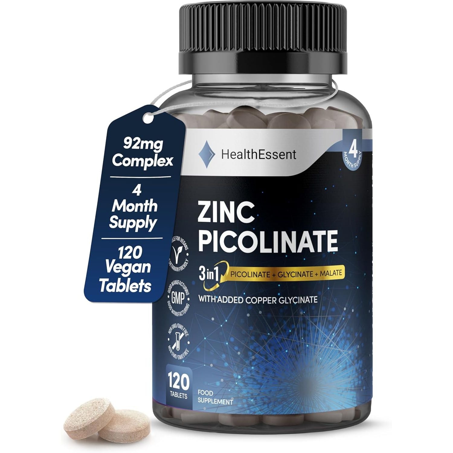 Zinc Picolinate 3-In-1, High Strength 92Mg - Zinc Picolate, Glycinate and Malate with Added Copper Glycinate - Immune Support, Hair, Skin & Nails - (4 Month Supply) - 120 Tablets by Healthessent