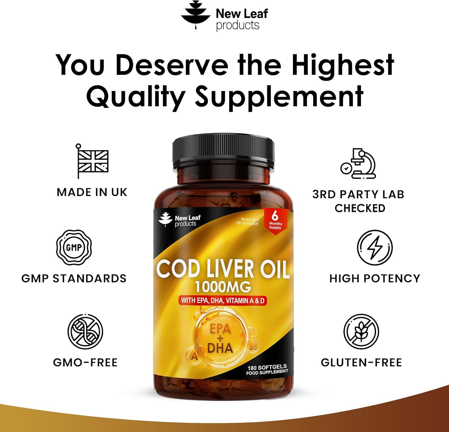 Cod Liver Oil Softgels 1000Mg - 180 Cod Liver Soft Gels High Strength Softgels- Cod Liver Oil Rich in Omega 3 EPA DHA Fatty Acids + Vitamins a & D, High Strength Fish Oil - UK Made, by New Leaf