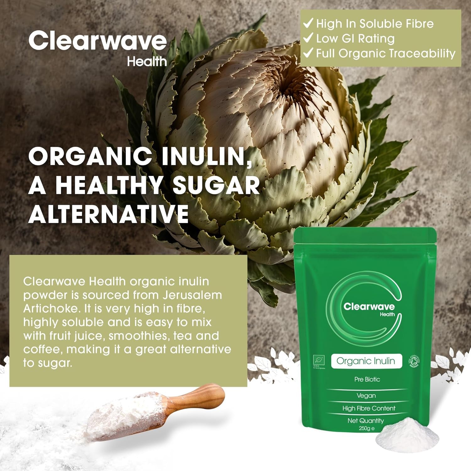 Organic Inulin Powder | 250G | Prebiotic Fibre Supplement | Soluble Fibre Powder for Gut Health & Digestion | by Clearwave Health