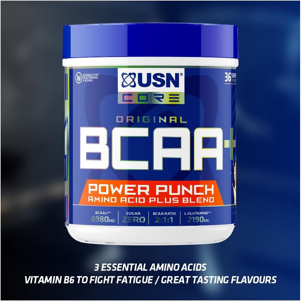 USN Power Punch BCAA Amino Acids Powder, Tangerine Flavour - 400G, Vegan BCAA Powder, Vitamin B6 & No Sugar, Pre Workout or Intra Workout Energy Drink Mix & Dietary Supplement to Maximise Performance