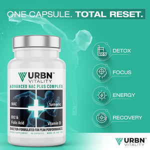 Urbn Vitality NAC + Turmeric Complex | Vitamin D3, B12 & Folate | 12-In-1 Supplement with Piperine | Energy, Recovery & Immune Support | 60 Vegetarian Capsules