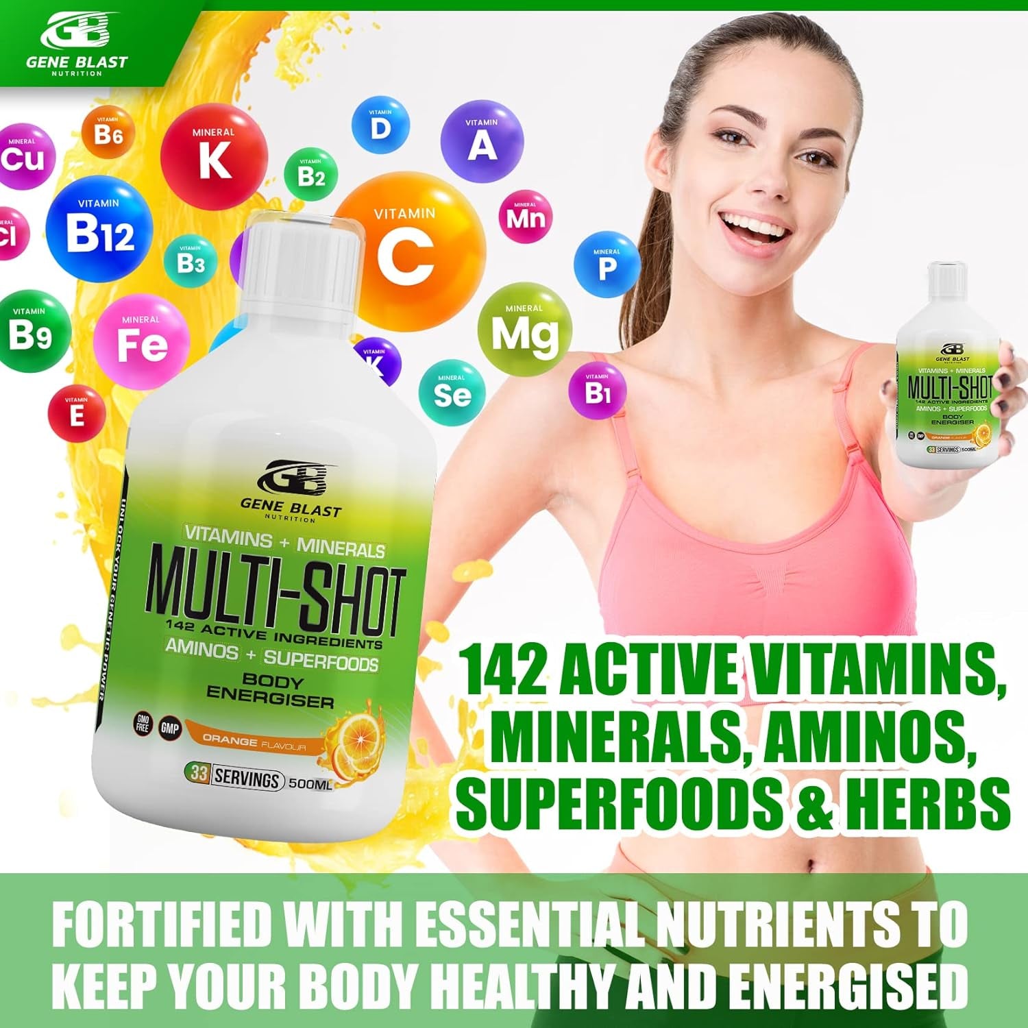 Gene Blast Multi-Shot Liquid Multivitamin W/142 Active Health & Sports Vitamins, Minerals, Aminos & Superfoods-Support Your Fitness & Active Lifestyle Goals-500Ml-33 Shots