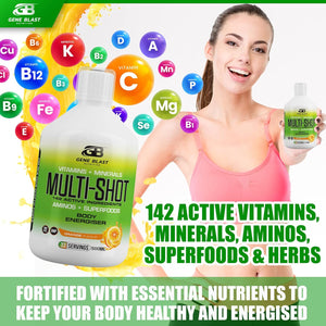 Gene Blast Multi-Shot Liquid Multivitamin W/142 Active Health & Sports Vitamins, Minerals, Aminos & Superfoods-Support Your Fitness & Active Lifestyle Goals-500Ml-33 Shots