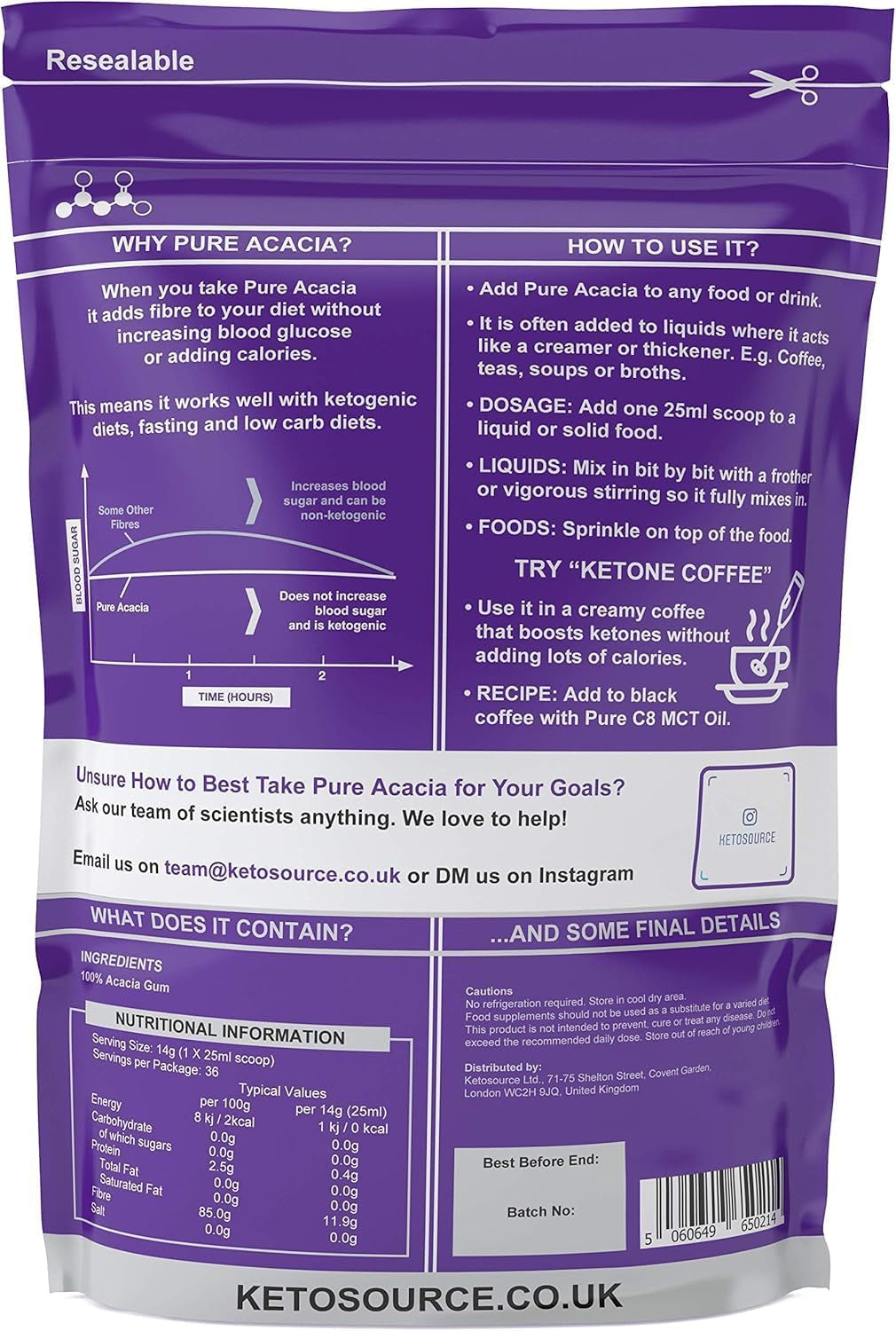 Pure Acacia Fibre | 0G Carbs | Zero Calories | Prebiotic Soluble Fibre Powder Supplement | Supports Fasting & Ketogenic Diet | 500G Pouch | Ketosource®