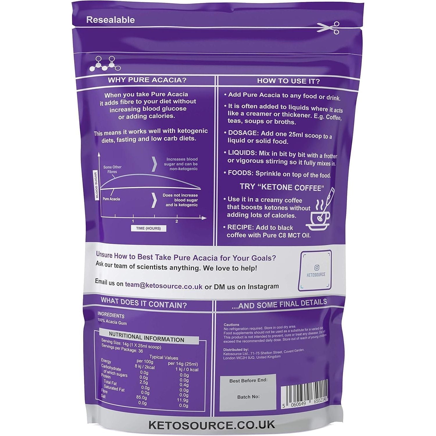 Pure Acacia Fibre | 0G Carbs | Zero Calories | Prebiotic Soluble Fibre Powder Supplement | Supports Fasting & Ketogenic Diet | 500G Pouch | Ketosource®