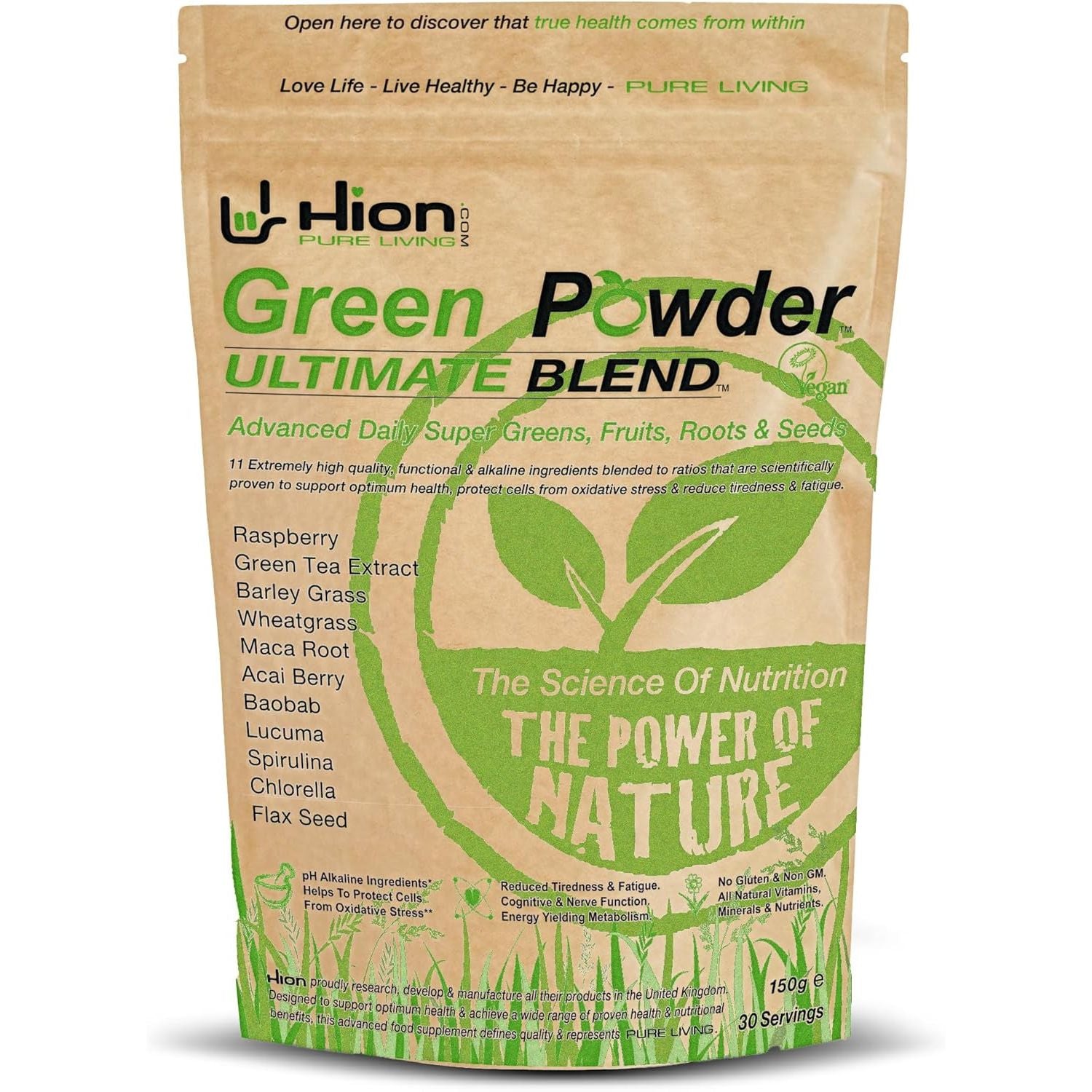 Hion Super Greens Powder | 11 Superfoods Incl. Wheatgrass, Spirulina, Chlorella & Green Tea | Energy, Gut & Immune Support | No Fillers | Vegan & Gluten-Free | 30 Servings | Award-Winning & UK Made