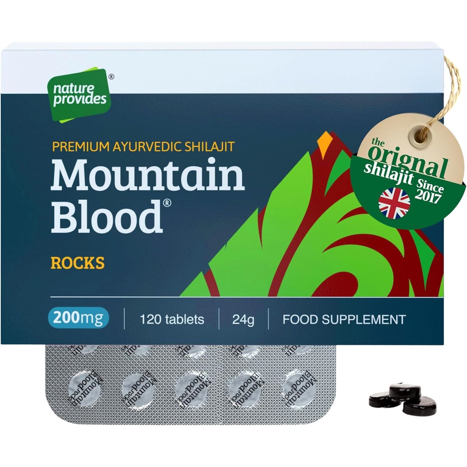 Mountain Blood Rocks! 120 Shilajit Tablets Pills (24G) 4 Months Supply - Authentic, Vegan, Ethically Sourced, Mineral-Rich, UK Lab-Tested, Boosts Energy & Stamina, Made in UK by Nature Provides