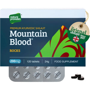 Mountain Blood Rocks! 120 Shilajit Tablets Pills (24G) 4 Months Supply - Authentic, Vegan, Ethically Sourced, Mineral-Rich, UK Lab-Tested, Boosts Energy & Stamina, Made in UK by Nature Provides