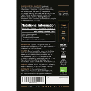 Organic Fenugreek Extract 7500Mg - High Strength 20% Saponins (100Mg) Supplement - 90 Vegan Capsules (3 Months Supply) - Resealable and Recyclable Pouch - by Alpha01