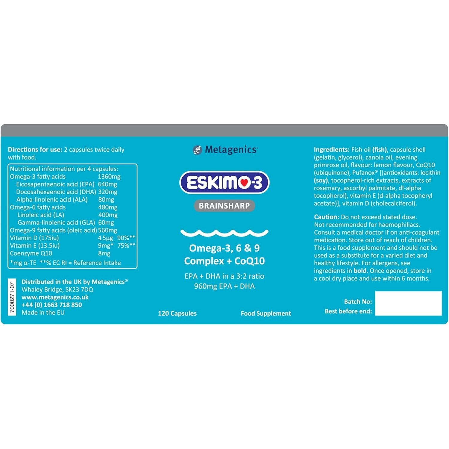Eskimo-3 Brainsharp Fish Oil by Metagenics - Omega-3, 6 & 9 + Coq10 for Memory & Concentration - 960Mg EPA & DHA - Lemon, 120 Capsules