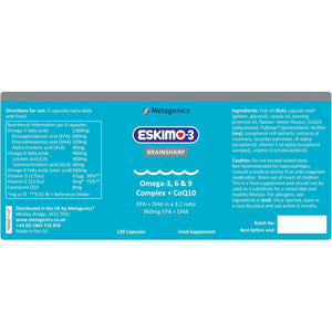 Eskimo-3 Brainsharp Fish Oil by Metagenics - Omega-3, 6 & 9 + Coq10 for Memory & Concentration - 960Mg EPA & DHA - Lemon, 120 Capsules