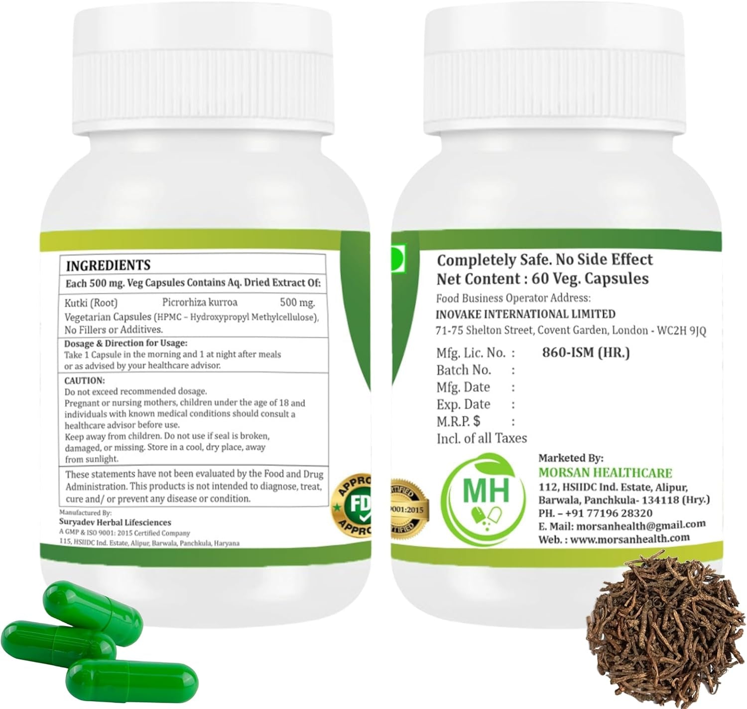 Morsan Healthcare Kutki Capsules 500Mg | Picrorhiza Kurroa | Natural Ayurvedic Herbal Supplement for Liver & Digestion Support | Vegetarian, Gluten Free, GMP Certified | 60 Capsules (Pack of 2)