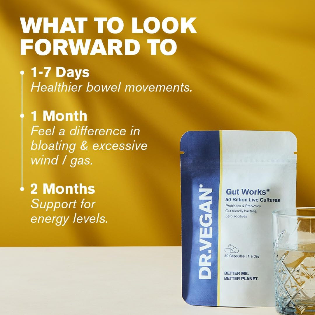 Gut Works® | 6 Prebiotics and Probiotic Strains | 50 Billion CFU Bacteria Live Cultures | Daily Support for Gut Health | 30 Vegan Capsules | One-A-Day | Dr.Vegan