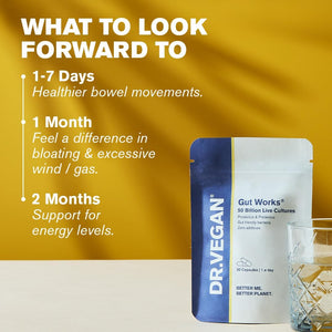 Gut Works® | 6 Prebiotics and Probiotic Strains | 50 Billion CFU Bacteria Live Cultures | Daily Support for Gut Health | 30 Vegan Capsules | One-A-Day | Dr.Vegan