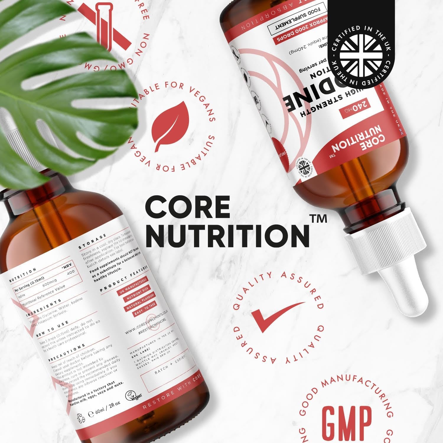 Iodine Liquid Drops - Vegan - High Strength 600Mcg per Serving - 400 Servings - 240,000Mcg per 60Ml Dropper Bottle - Liquid Iodine Solution for Fast Absorption - Made in UK by Core Nutrition