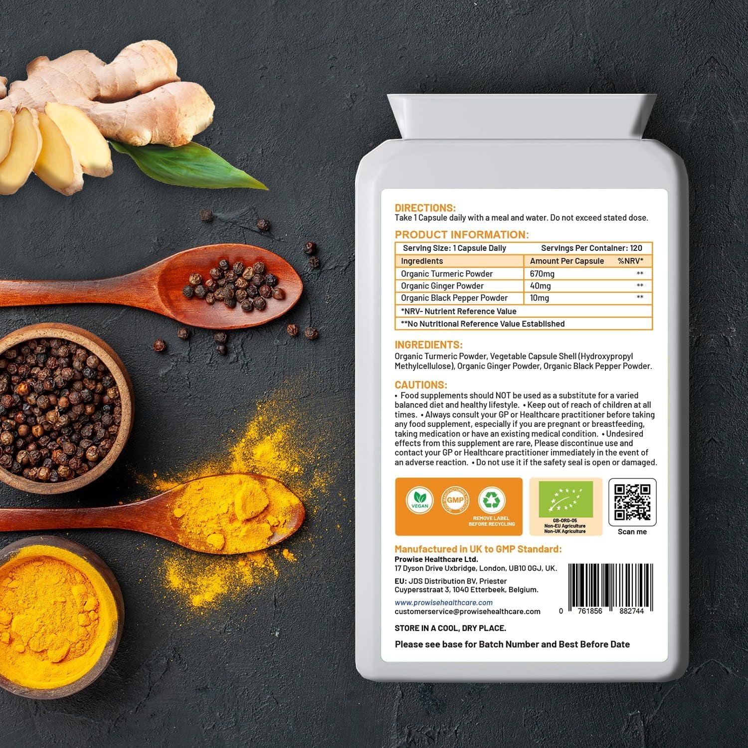 Organic Turmeric Curcumin 720Mg - 120 Capsules | Organic Turmeric and Black Pepper Capsules High Strength | Vegan & Vegetarian Turmeric Supplements | Certified Organic by Soil Association by Prowise