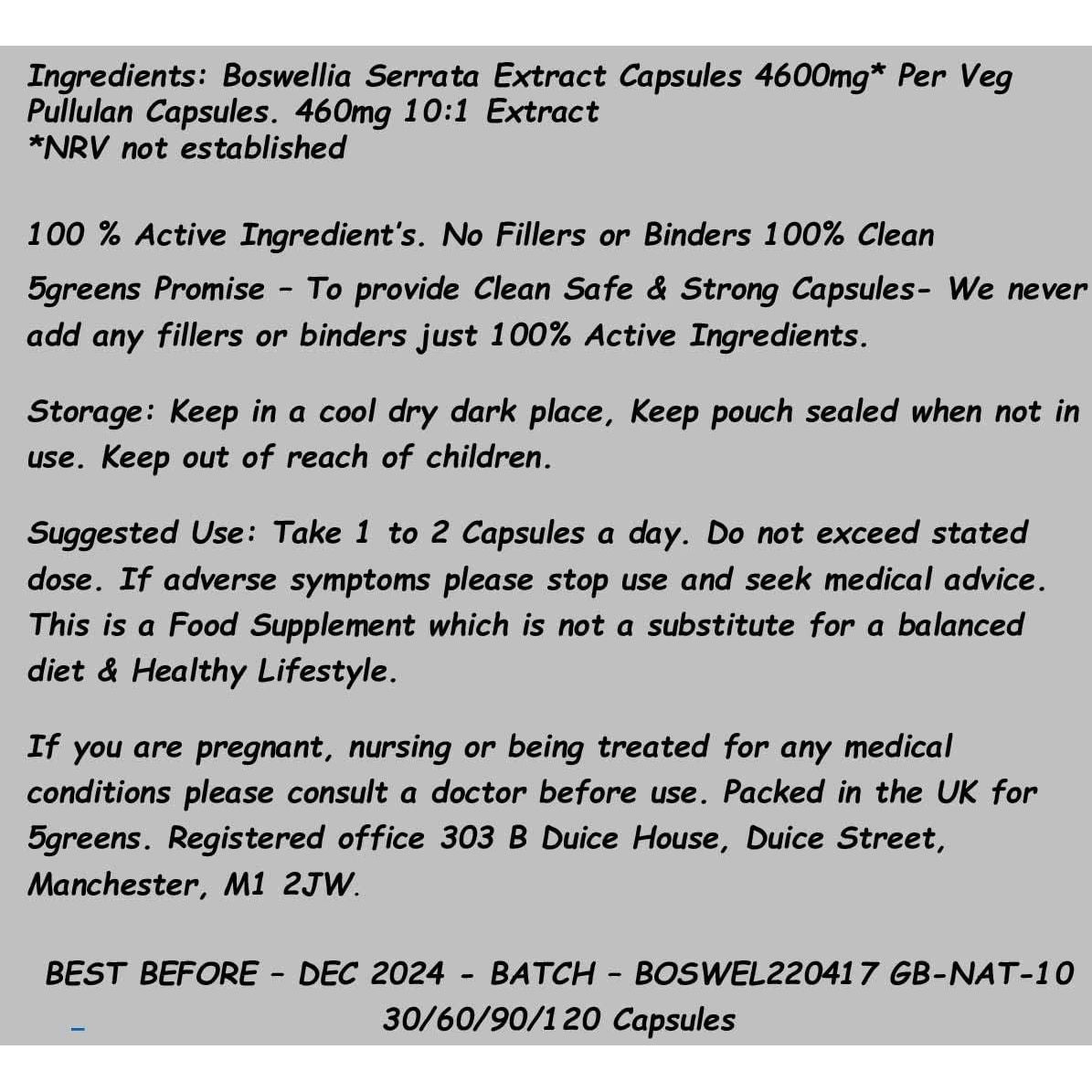 Boswellia Serrata Capsules 10:1 Extract (4600Mg Equivalent) | Indian Frankincense | 90 Vegetarian Capsules| Joint Care Supplement | Natural anti INFLAMMATORY | 5Greens (90)