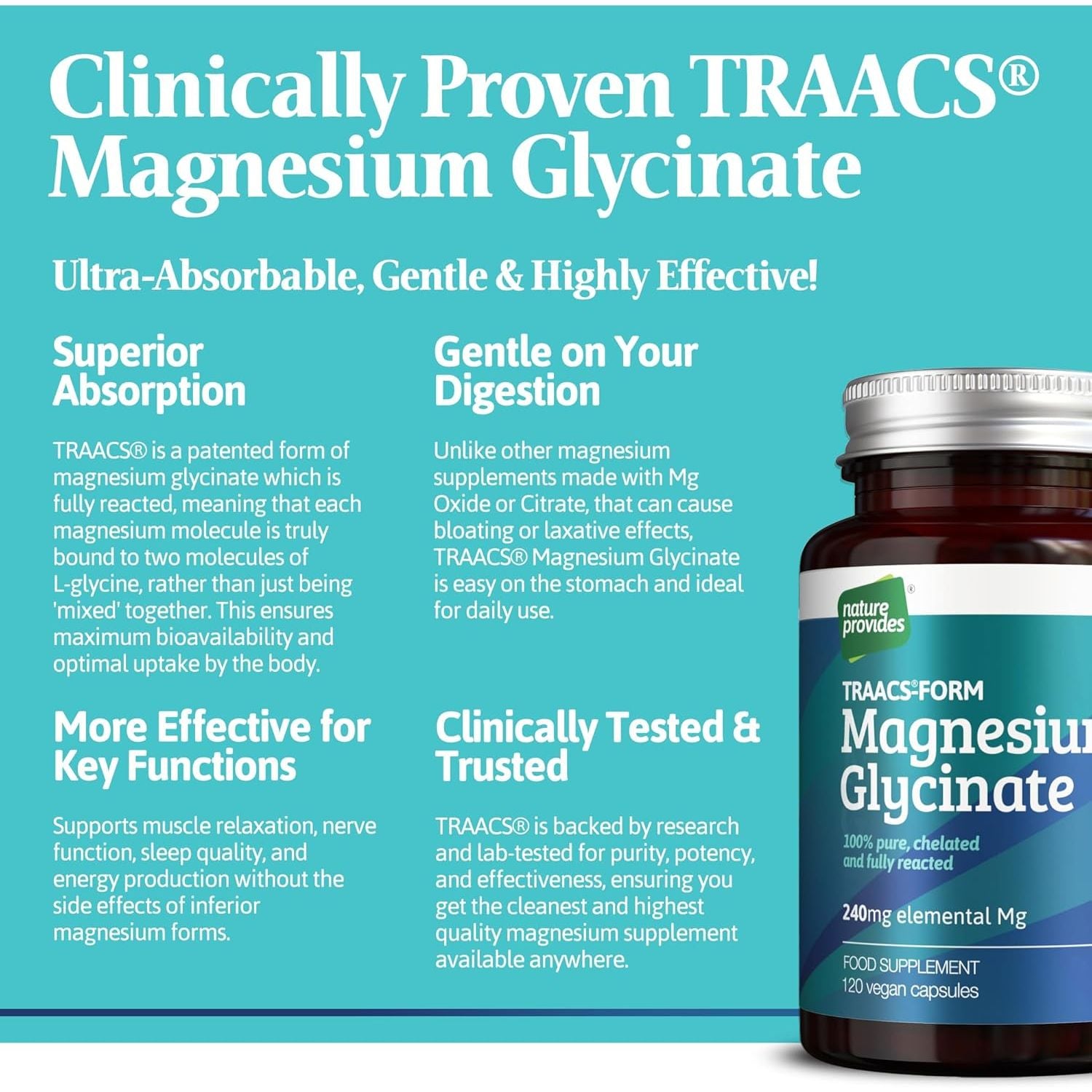 Magnesium Glycinate TRAACS (Bisglycinate) 240Mg - 120 Vegan Capsules, 100% Pure, No Fillers/Buffers, Chelated, Highly Bioavailable, Muscle & Sleep Support, Stress Relief, UK Made by Nature Provides