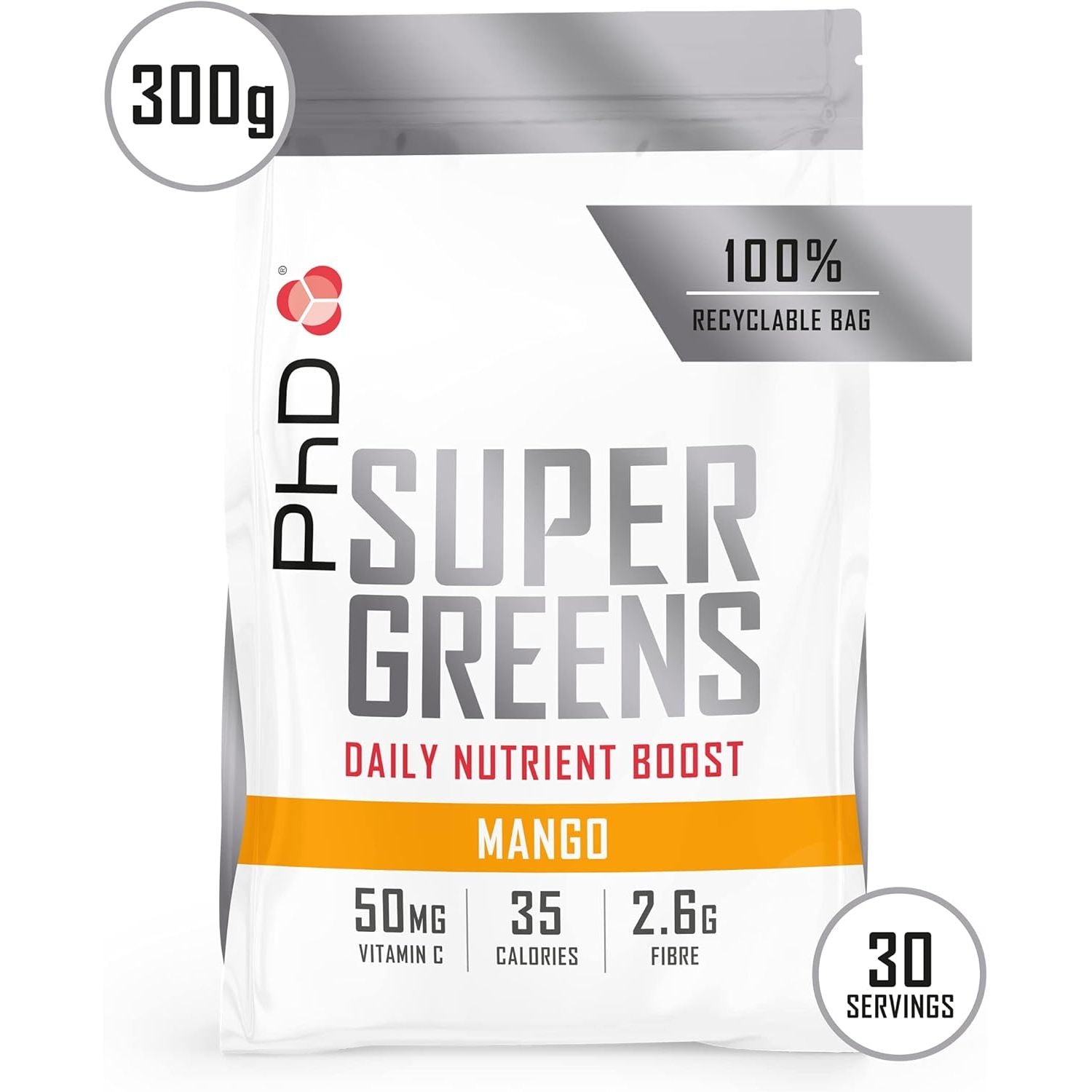 Phd Nutrition Super Greens Powder, Mango Flavour, High Fibre Low Sugar, Blend of 18 Nutrient Rich Fruits and Vegetables, 300 G