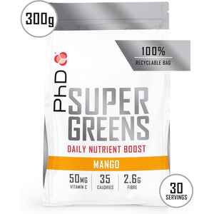 Phd Nutrition Super Greens Powder, Mango Flavour, High Fibre Low Sugar, Blend of 18 Nutrient Rich Fruits and Vegetables, 300 G