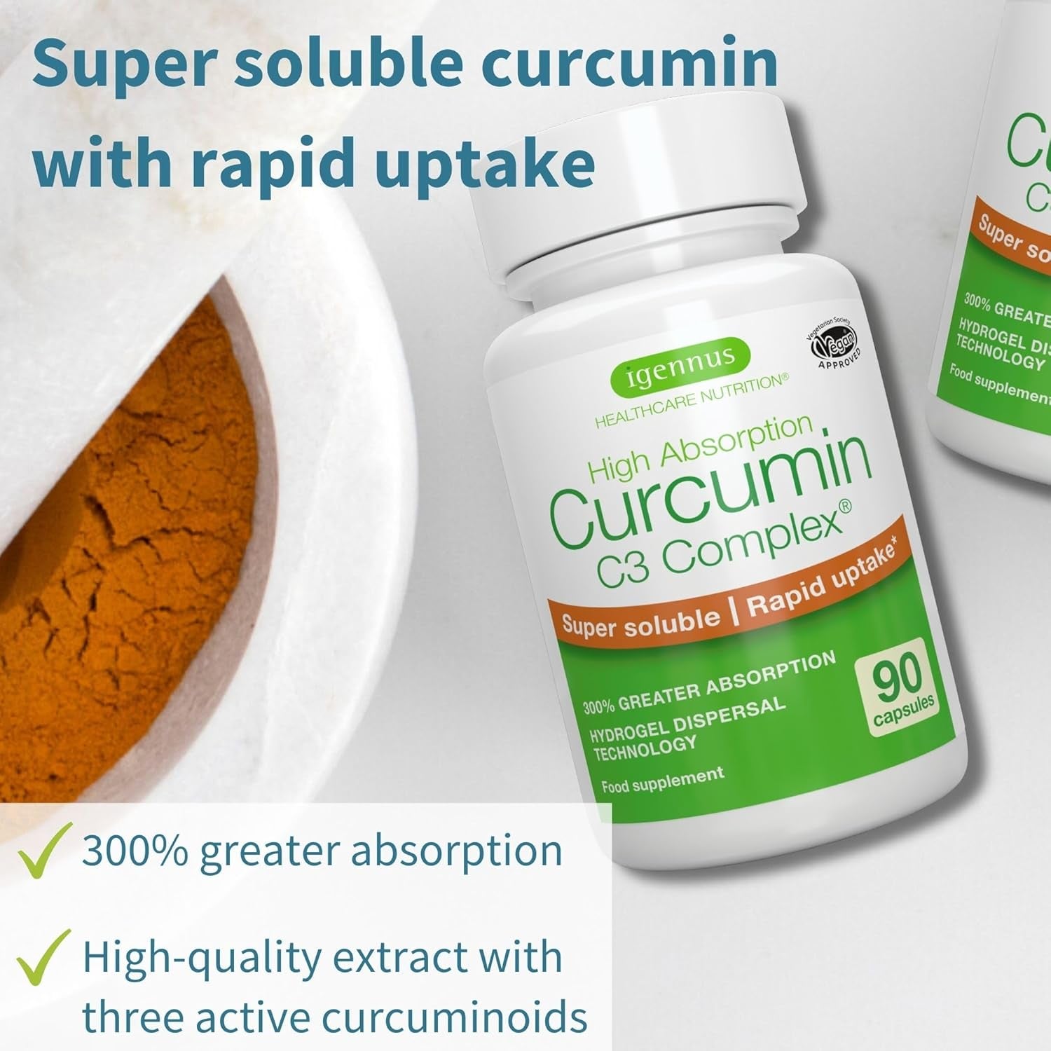 Igennus Advanced Curcumin C3 Complex, 90 Servings, 95% Standardised Extract, 300% Greater Absorption & Rapid Uptake, Clean Label, Vegan Supplement, 1-A-Day, 90 Capsules
