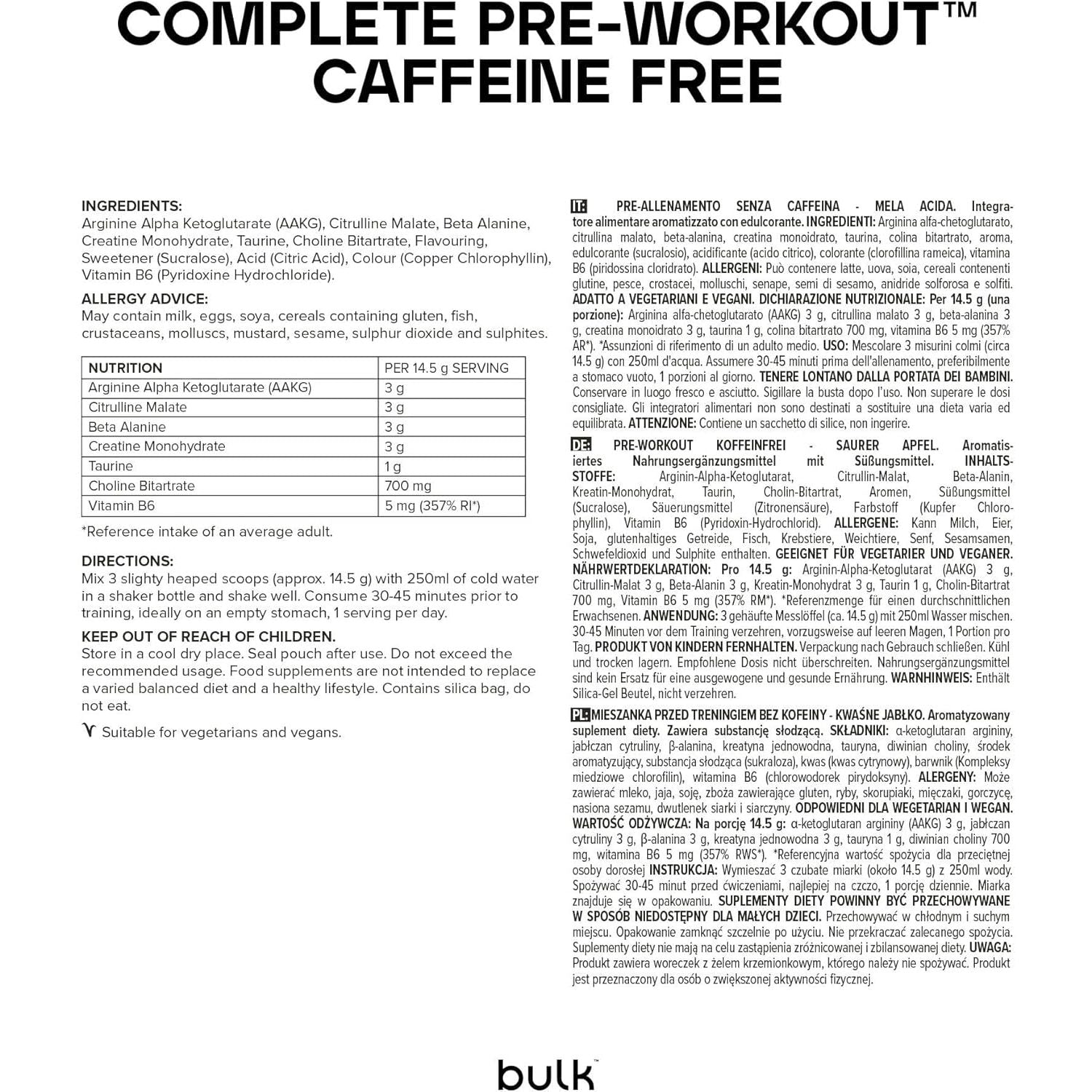 Bulk Pre Workout Caffeine Free, Sour Apple, 500 G