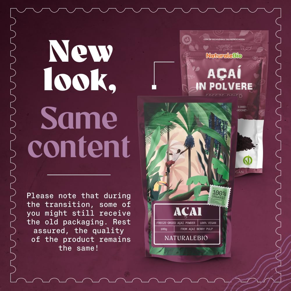 Naturalebio Organic Acai Berries Powder - Freeze-Dried - 100G. Brazilian Acai, Lyophilised, Raw. Extract from Açai Berry Pulp. Vegan & Vegetarian Friendly