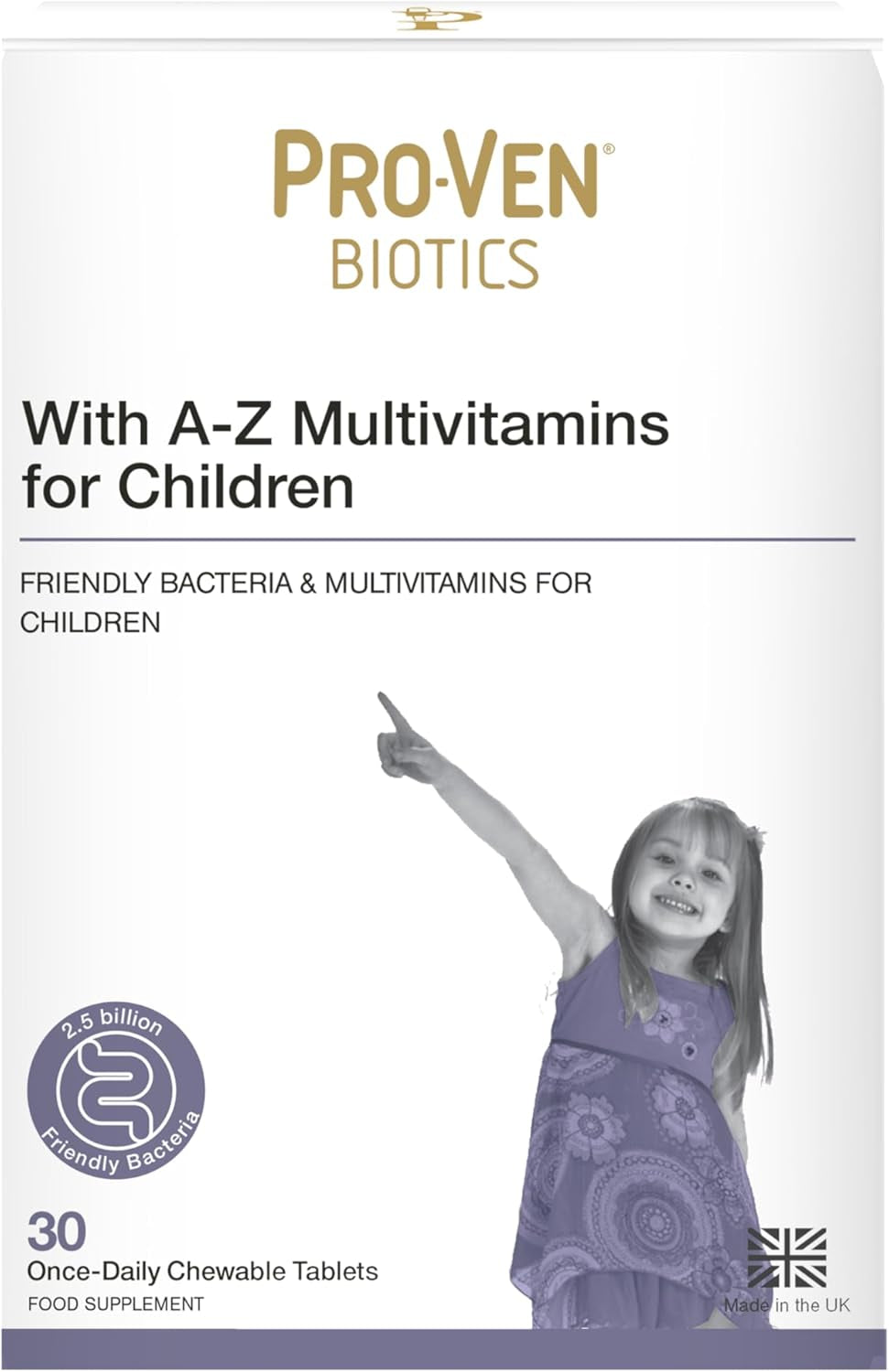 Pro-Ven Probiotics for Children (4-16) A-Z Multivitamins Supplement for Gut Health, Immunity & Energy 2.5 Billion CFU Friendly Bacteria 30 Blackcurrant Chewable Tablets