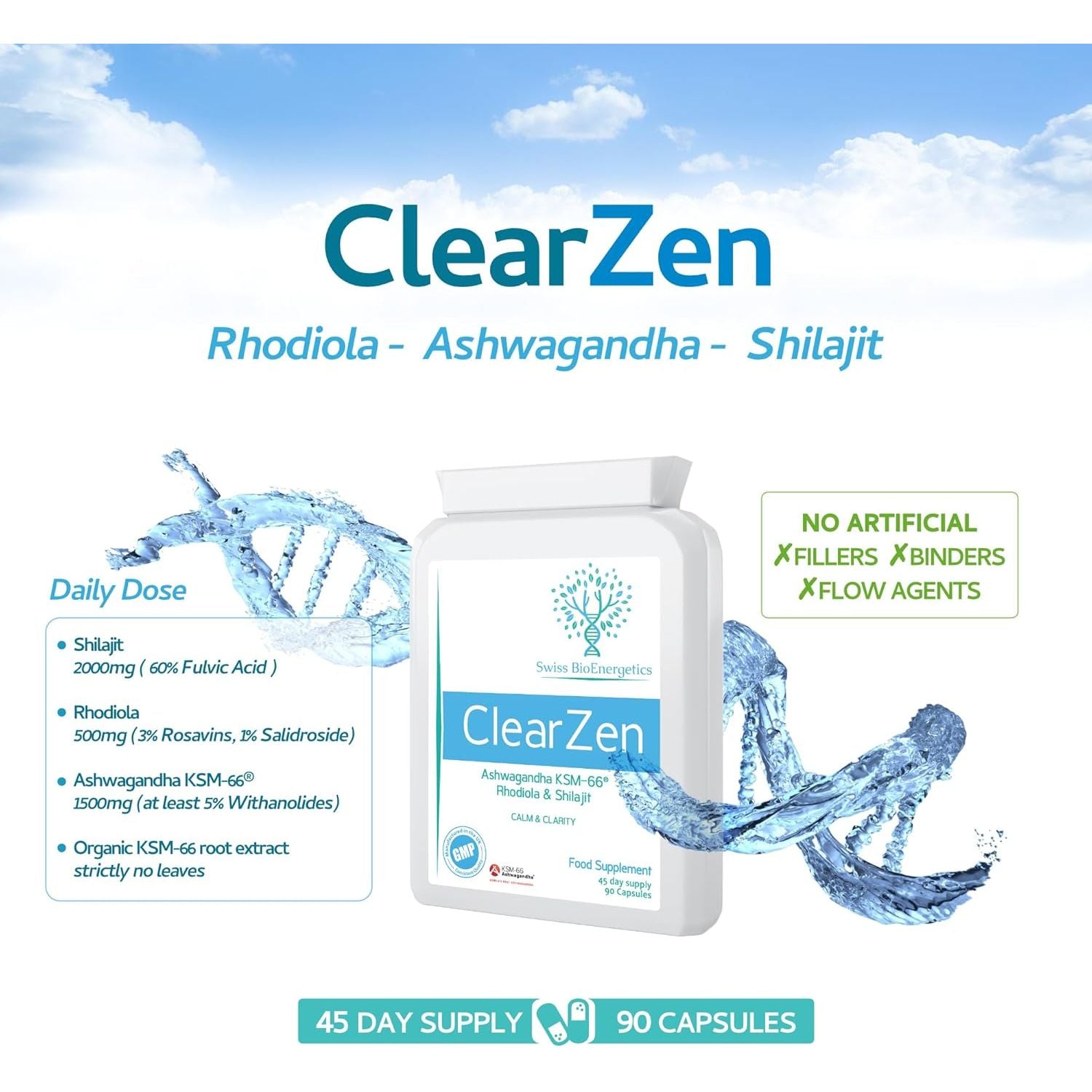 Rhodiola, Ashwagandha and Shilajit - Clearzen - Adaptogen 3-In-1 Ashwagandha KSM-66 1500Mg, Rhodiola 500Mg (3% Rosavins, 1% Salidrosides) & Shilajit 60% Fulvic Acid - No Artificial Fillers or Binders