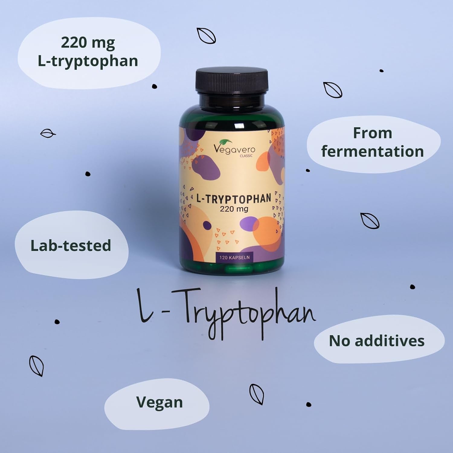 Vegavero L-Tryptophan 220 Mg | 120 Capsules (4 Months Supply) | NO Additives | Lab-Tested | Pure Tryptophan Supplement | Vegan