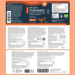 Organic Turmeric 1440Mg (High Strength) with Black Pepper & Ginger - 180 Vegan Turmeric Capsules (3 Month Supply) – Organic Termeric with Active Ingredient Curcumin - Made in the UK by Nutravita