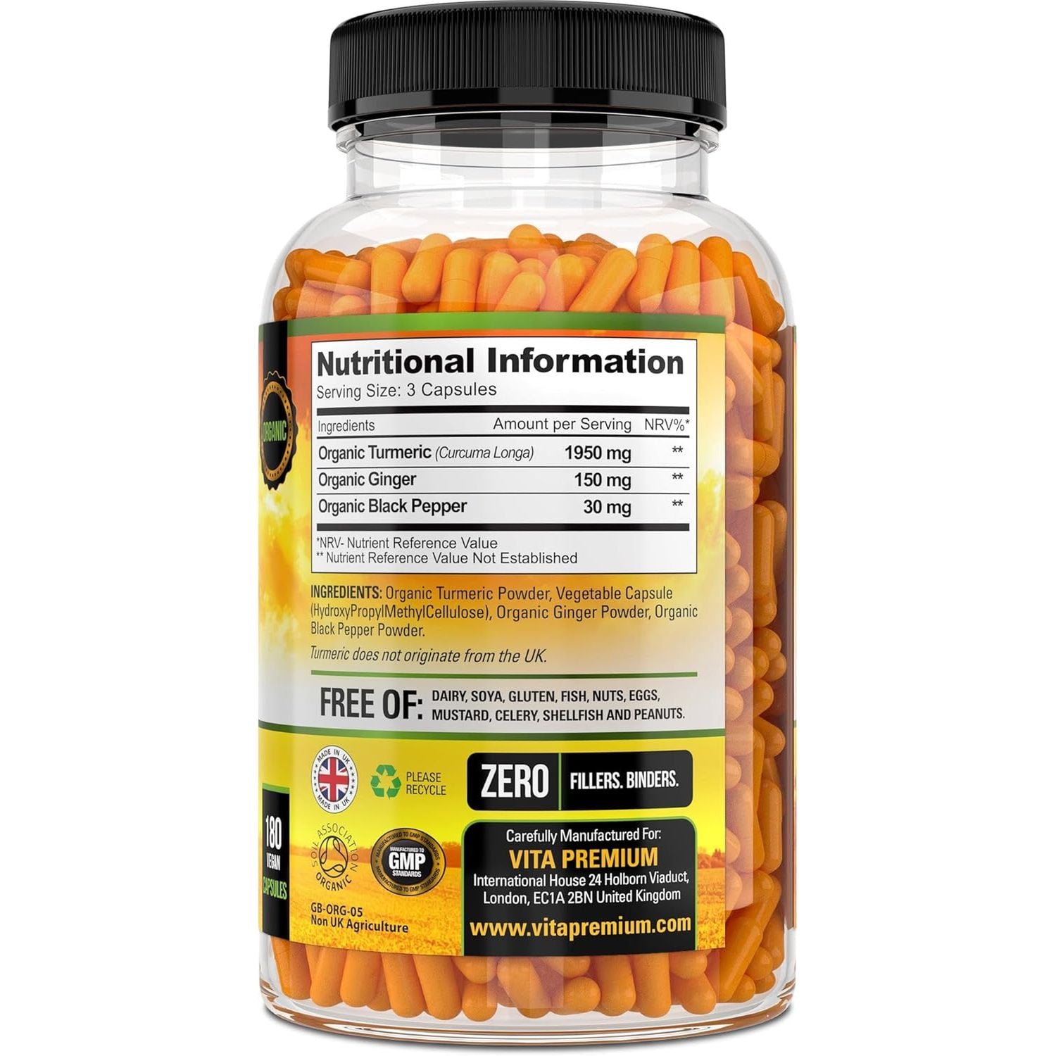 Turmeric and Black Pepper Capsules for Anti-Inflammatory and Joint Pain Relief - 180 Organic Capsules - High Strength Turmeric Curcumin Supplement with Added Black Pepper and Ginger - Made in UK