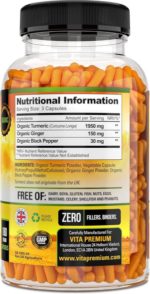 Turmeric and Black Pepper Capsules for Anti-Inflammatory and Joint Pain Relief - 180 Organic Capsules - High Strength Turmeric Curcumin Supplement with Added Black Pepper and Ginger - Made in UK