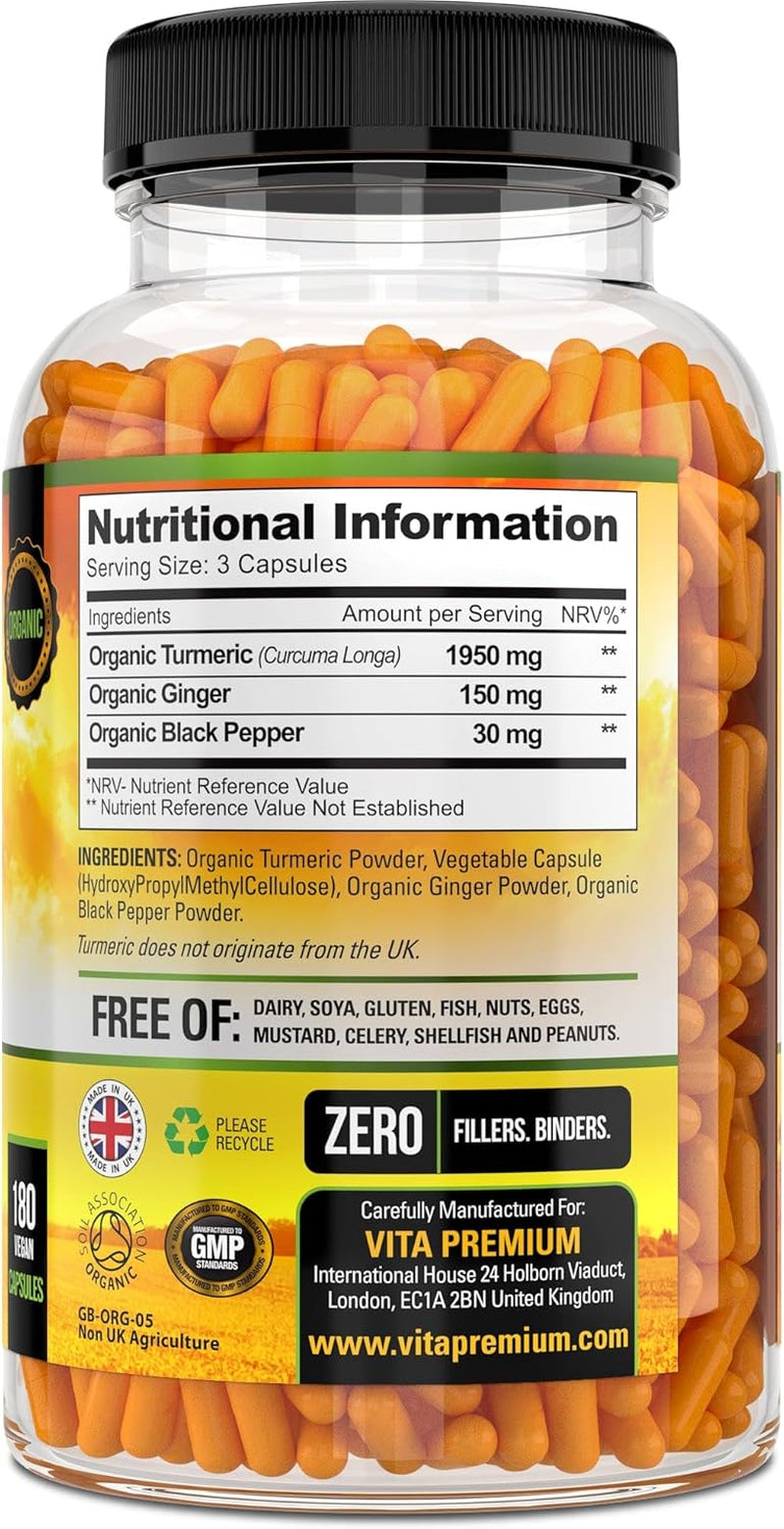 Turmeric and Black Pepper Capsules for Anti-Inflammatory and Joint Pain Relief - 180 Organic Capsules - High Strength Turmeric Curcumin Supplement with Added Black Pepper and Ginger - Made in UK