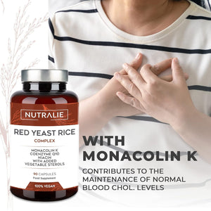 RED Yeast Rice Complex - Cholesterol Lowering Supplement - Monacolin K 2,9Mg & Q10 30Mg - Red Yeast Extract Gluten Free - 90 Vegan Capsules Nutralie