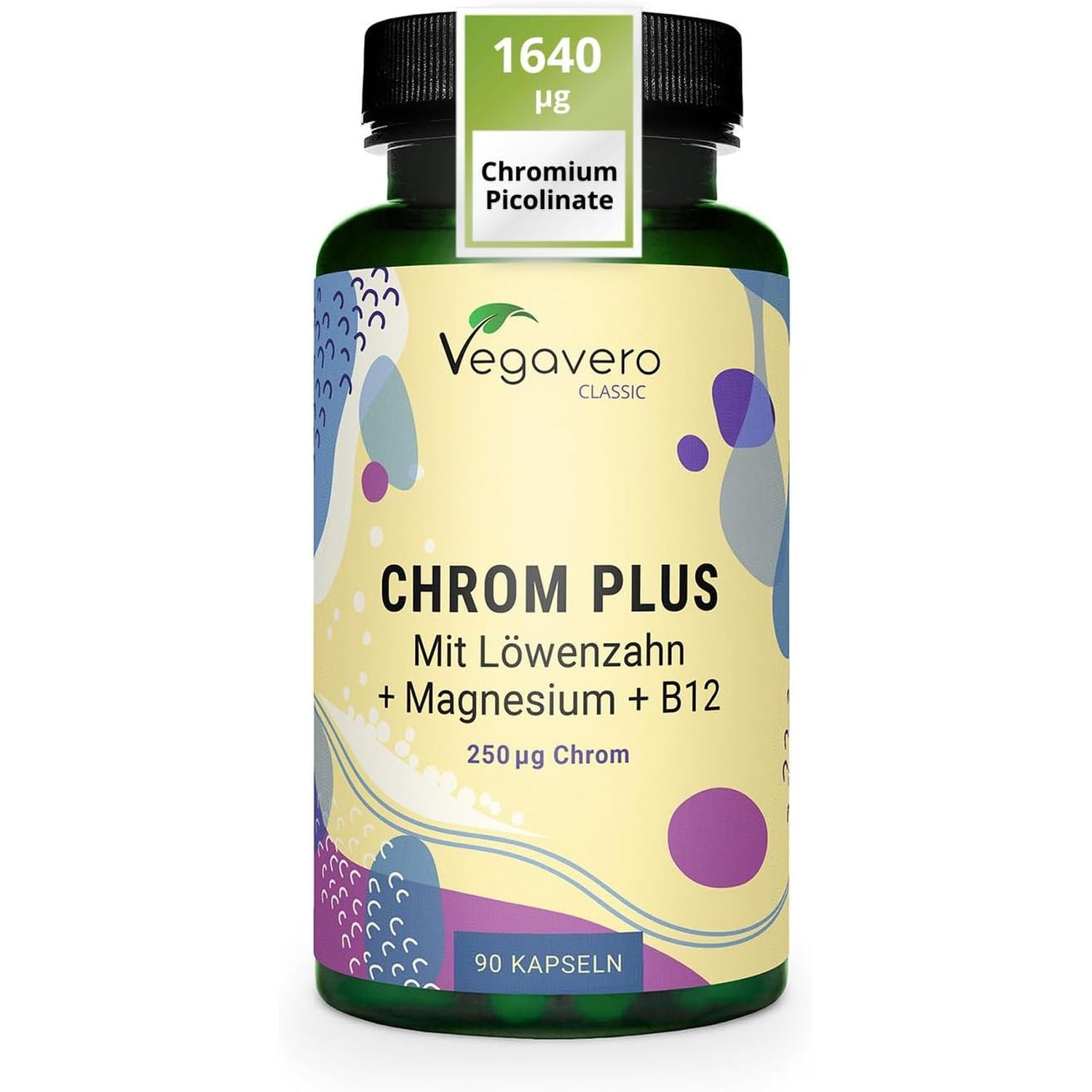 Vegavero Chromium Picolinate 1640 Μg | 250 Μg Elemental Chrom plus Magnesium and VIT B12 | Blood Sugar Supplement* | NO Additives, Lab-Tested | 90 Capsules | Vegan