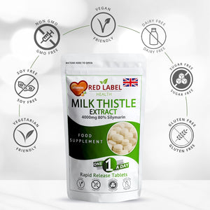 Red Label Health Milk Thistle 365 Tablets 4000Mg High Strength Silymarin Extract Vegan Made in the UK