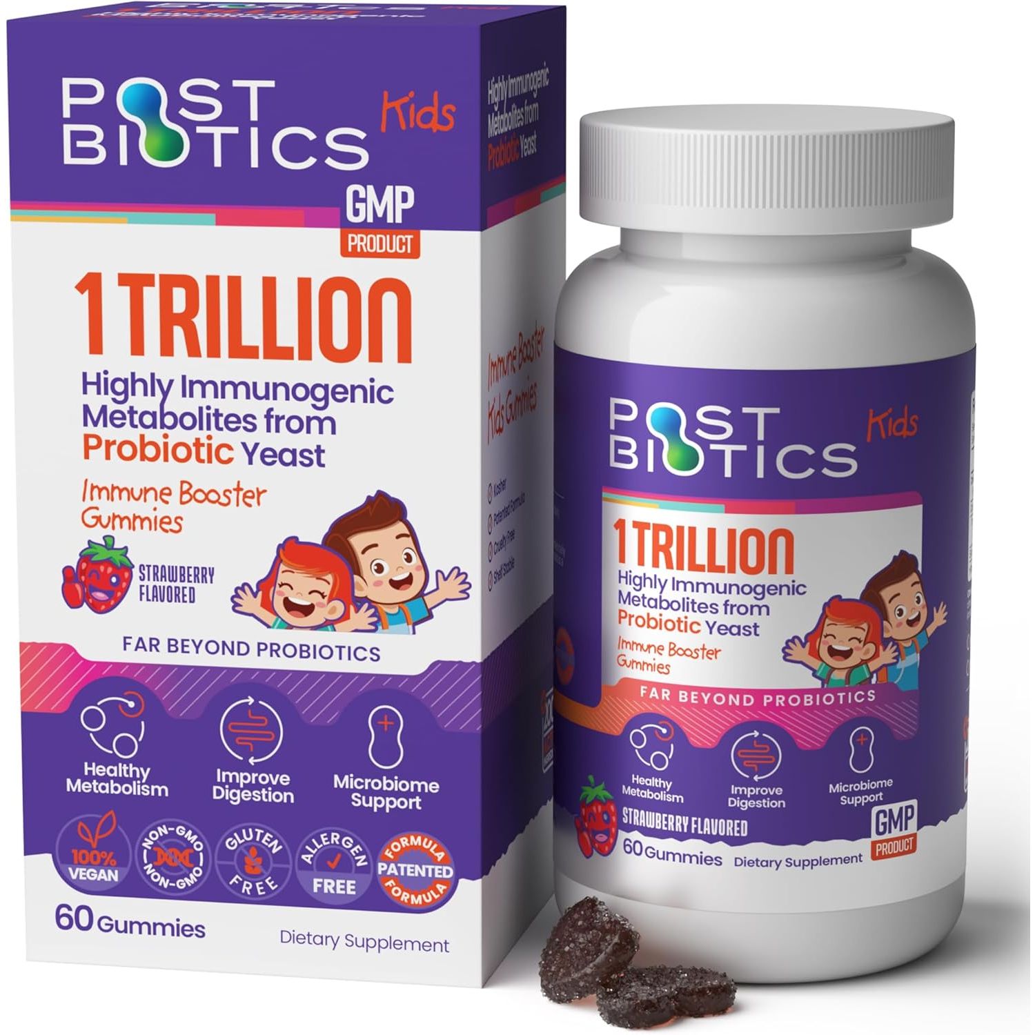 NAVEH PHARMA Postbiotics Kids Strawberry Gummies. Children’S Postbiotics, Ages 4+, 1 Trillion Good Bacteria 200X Ingredients than Probiotic or Prebiotic. Gut Health, Immunity, Digestion & Microbiome