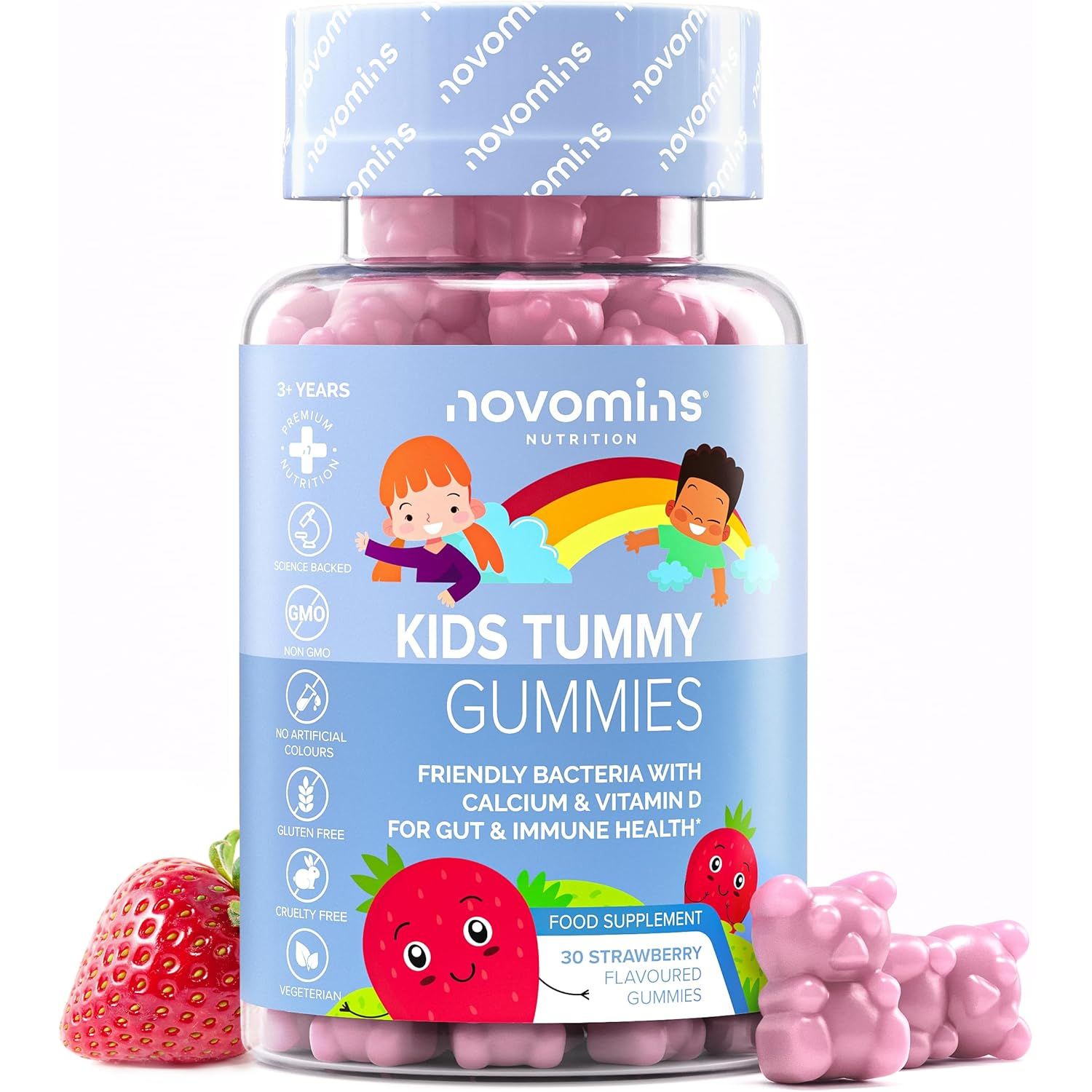 Kids Probiotic Gummies - 2 Billion Probiotics - 1 Month Supply - Kids Tummy Gummies - Includes Vitamin D & Calcium for Childrens Gut Health - Vegetarian Formula - 30 Gummies - by Novomins
