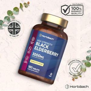 Elderberry Supplement 3000Mg | Black Sambucus Nigra Tablets | High Strength Extract | 180 Vegan Tablets | by Horbaach