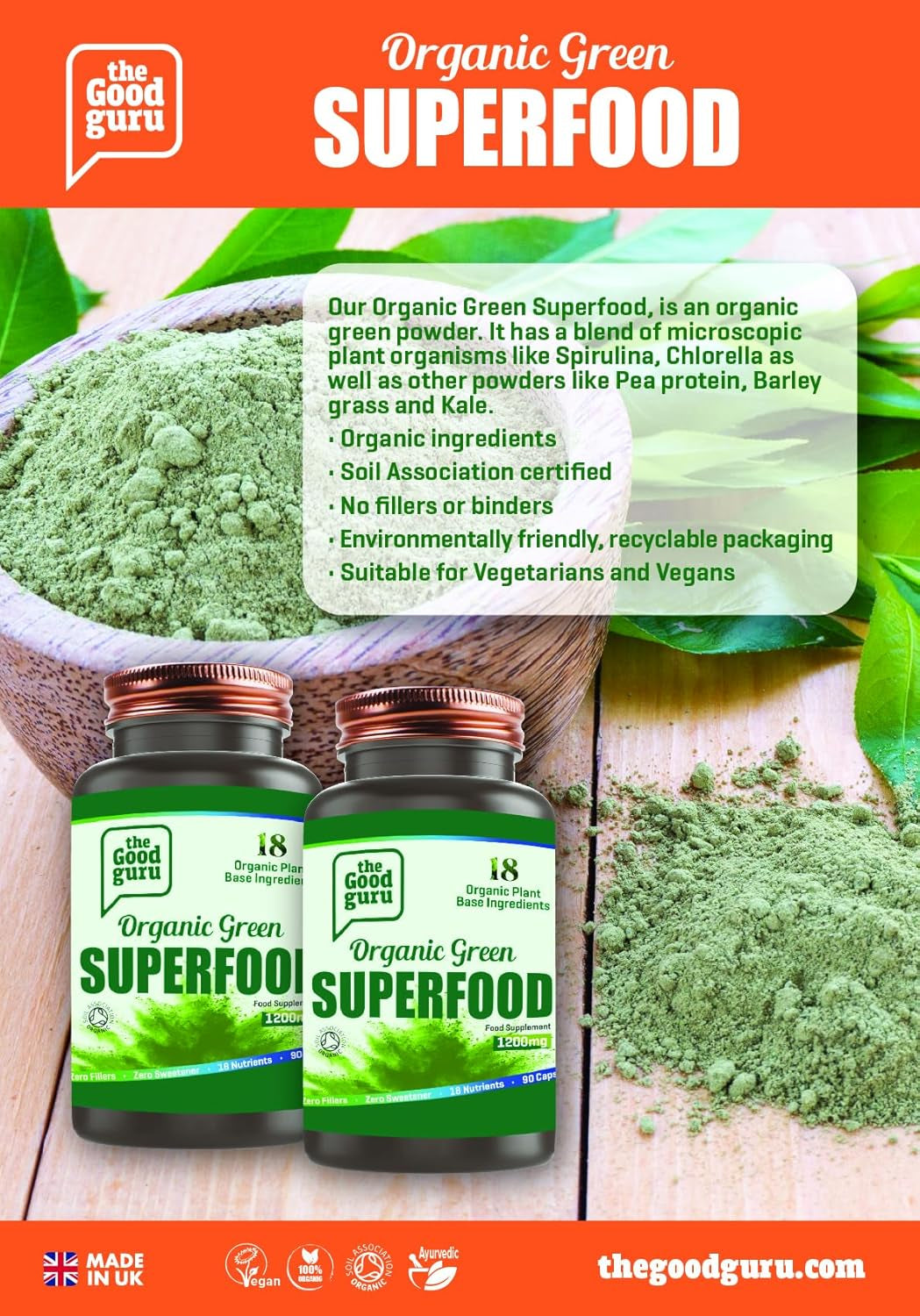 The Good Guru Organic Green Superfood Supplement Capsules - 90 Capsules with 18 Nutritious Ingredients