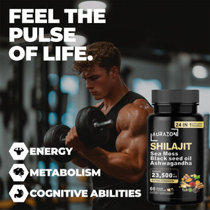Aurazon Pure Himilayan Shilajit Enriched with Ashwagandha,Sea Moss,Black Seed Oil & Rhodiola Rosea, High Strength 23500 Mg Shilajit Complex Capsules with 2 Months Supply for Both Men and Women