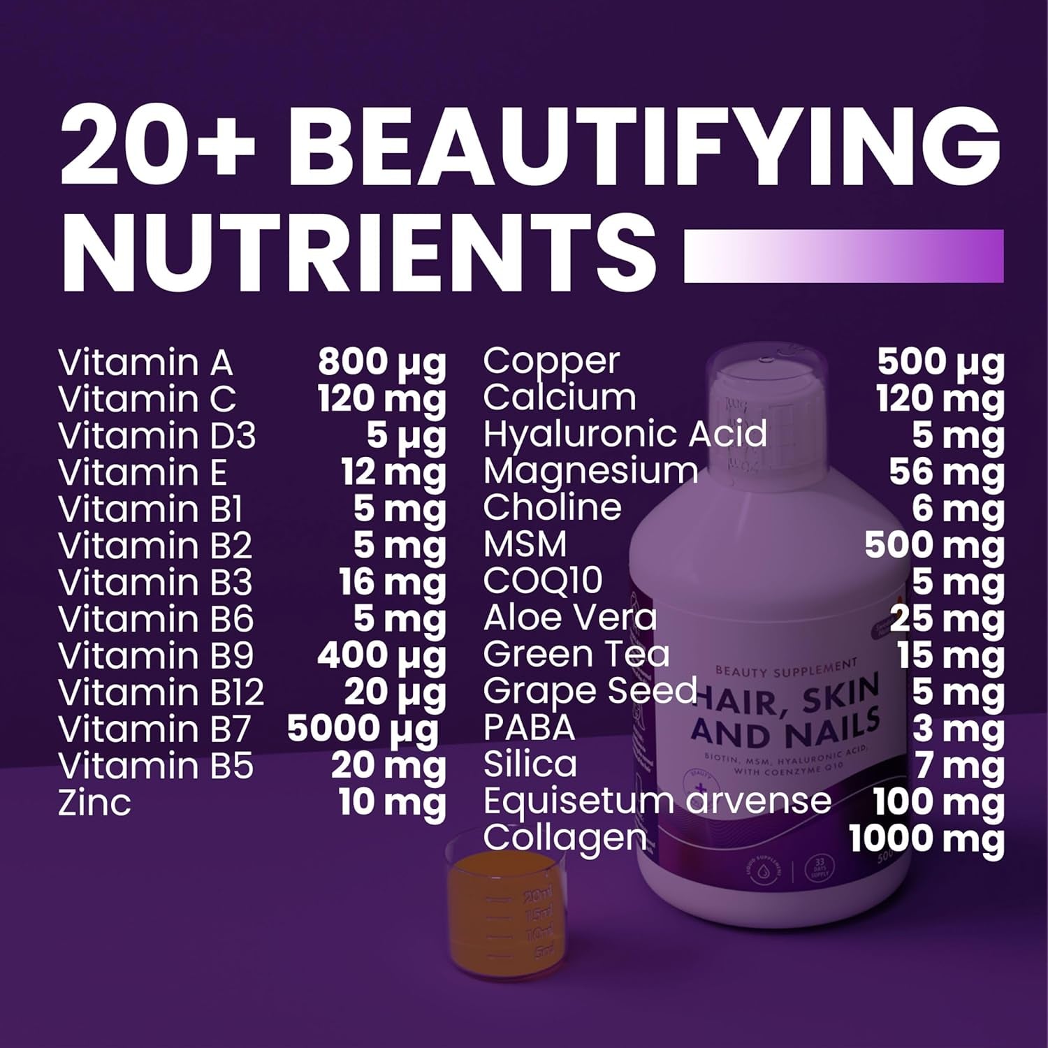 Swedish Nutra - Hair, Skin & Nails Liquid Supplement - Pack of 500 Ml, 33 Day Supply | plus Collagen, Biotin, Vitamins, MSM, Hyaluronic Acid & Coq10 | Gluten Free | 100% Natural Orange Flavour