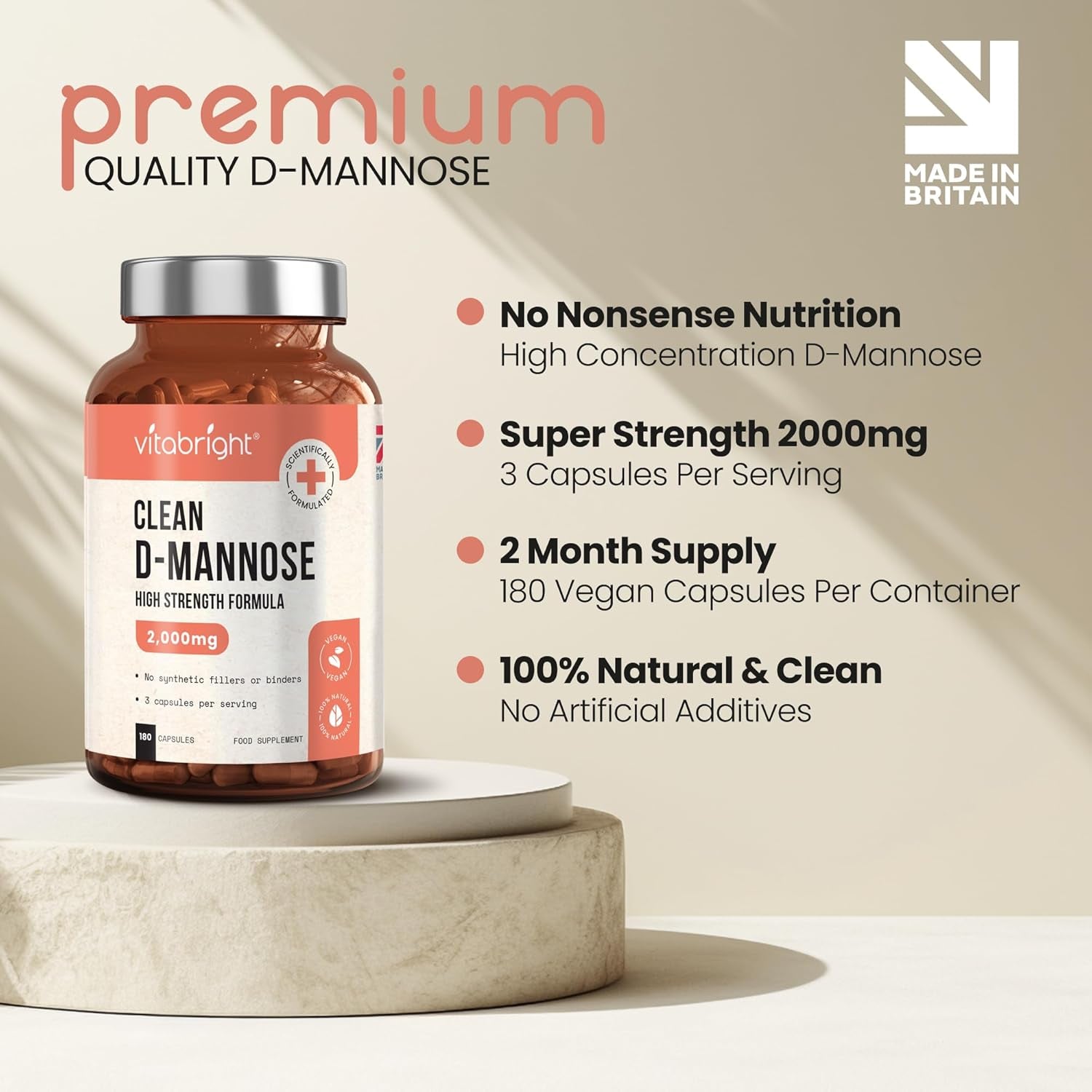 Vitabright D-Mannose Capsules | 2000Mg per Day | 180 Capsules | 2 Month Supply | High-Strength Alternative to Cranberry Tablets | Mix D Mannose Powder into Drinks | Pure Clean Formula