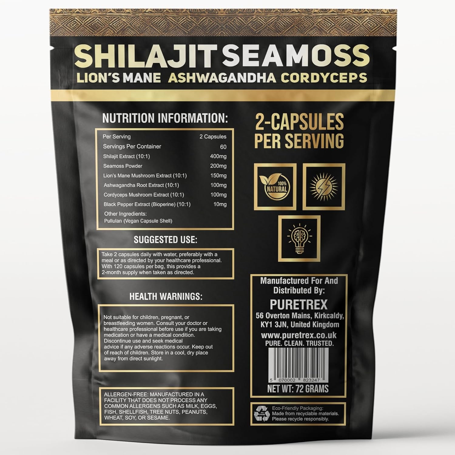 Shilajit Seamoss Capsules with Lion'S Mane, Ashwagandha, and Cordyceps – 120 Vegan Capsules for Energy, Focus, and Wellness