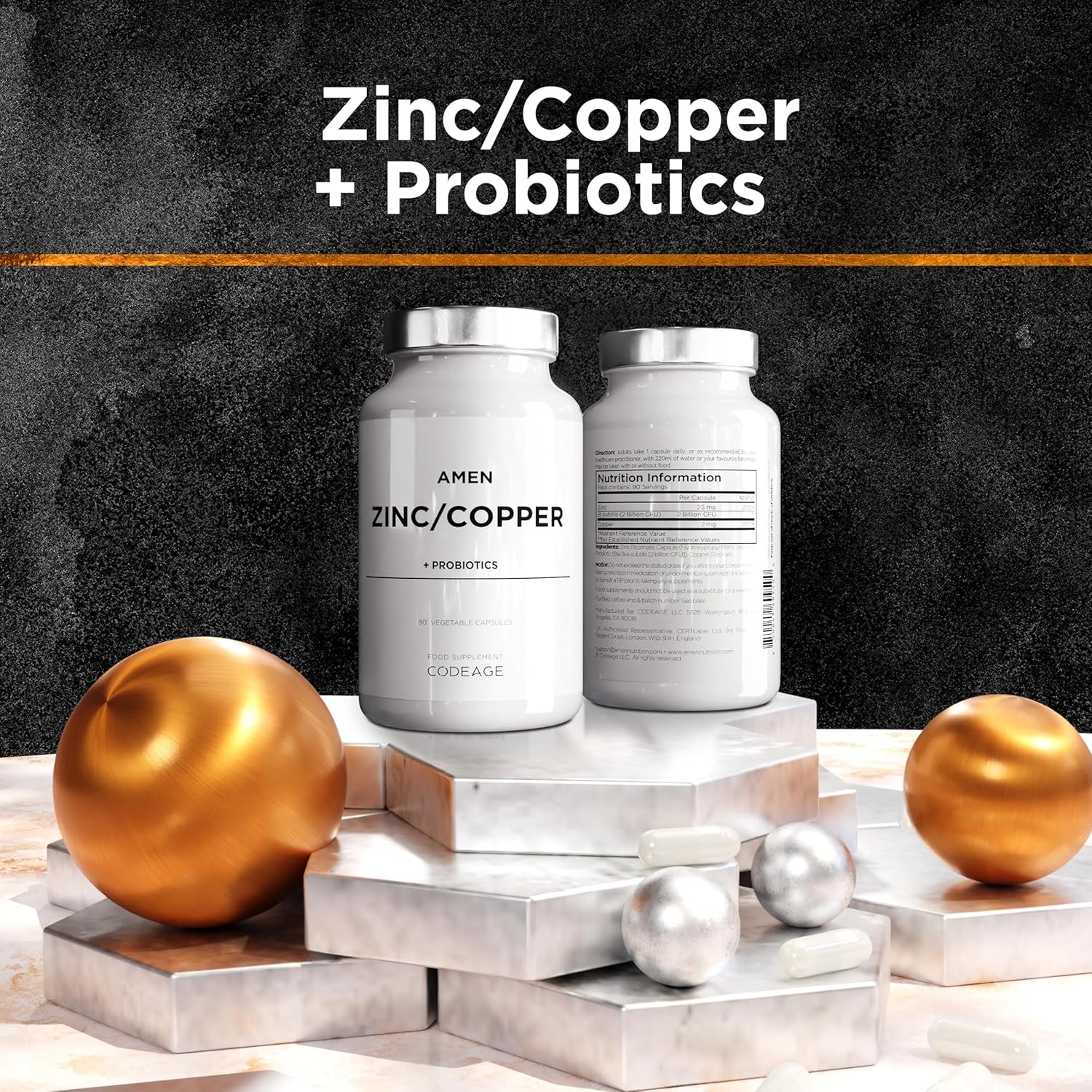Zinc & Copper Supplement + Probiotics – 3 Months Supply – One per Day - 25 Mg Zinc Picolinate Vitamin Pills - Essential Minerals Supplements – 2 Billion Cfus Probiotic – Vegan, Non-Gmo - 90 Capsules